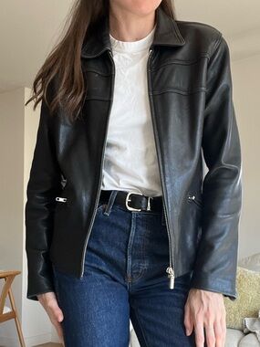 Women’s Black Leather Bomber Jacket - Classic Zip Front